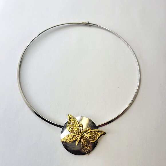 Gold Plated Butterfly Pendant Collar Necklace Rhodium and Gold Butterfly Pendant - Picture 1 of 8